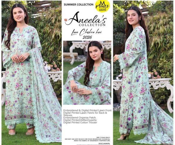 Aneela's LAWN Chikankari Digital Print & Embroidered 3 Piece Unstitched Suit - D#1014