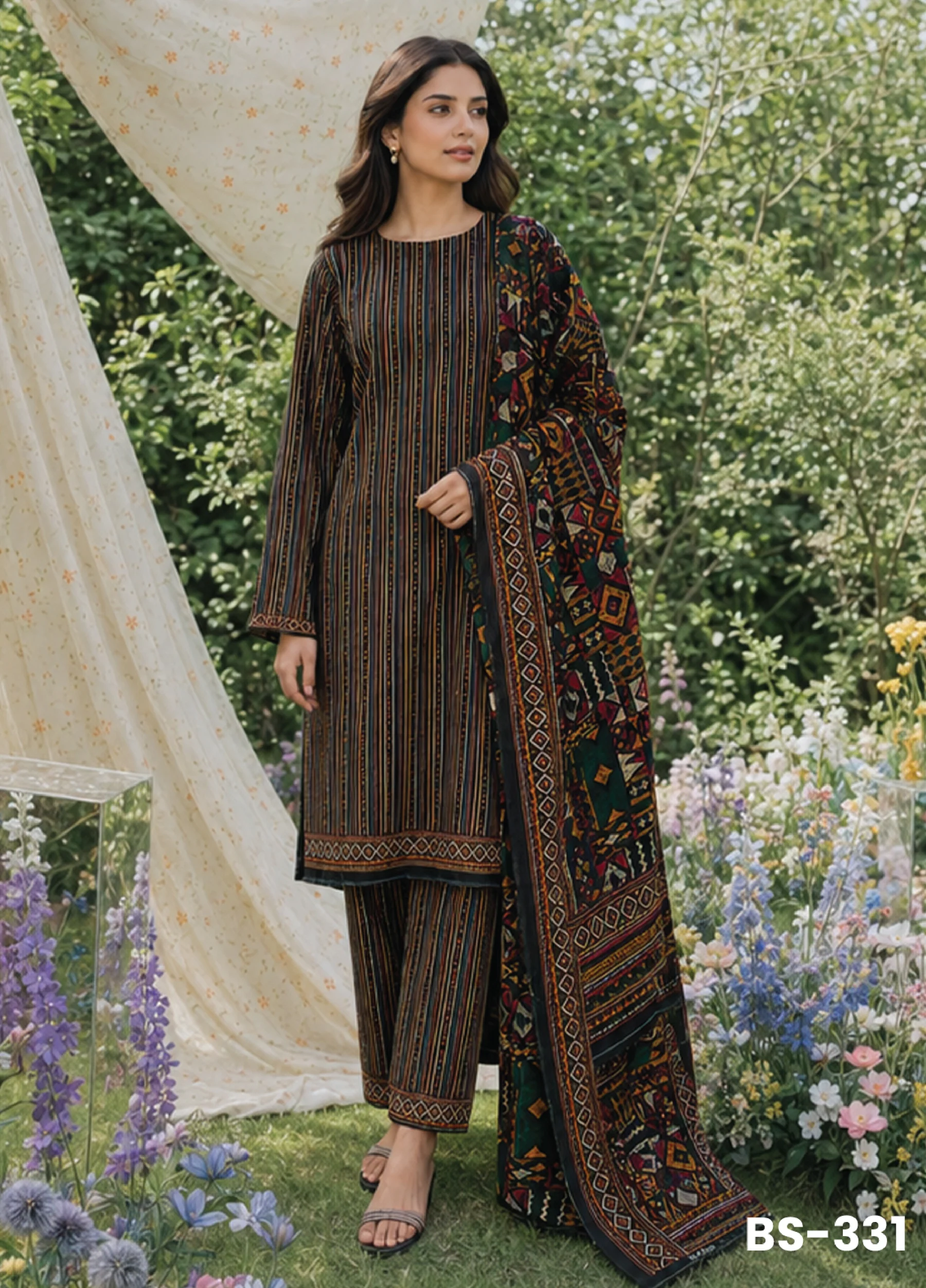 Bin Saeed Unstitched Printed Cotton Lawn 3 Piece Suit BS-331 - Casual Collection