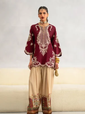 ETHNC-2PC-RAW SILK EMBROIDERED SHIRT AND SHAMOZ SILK PRINTED TROUSER