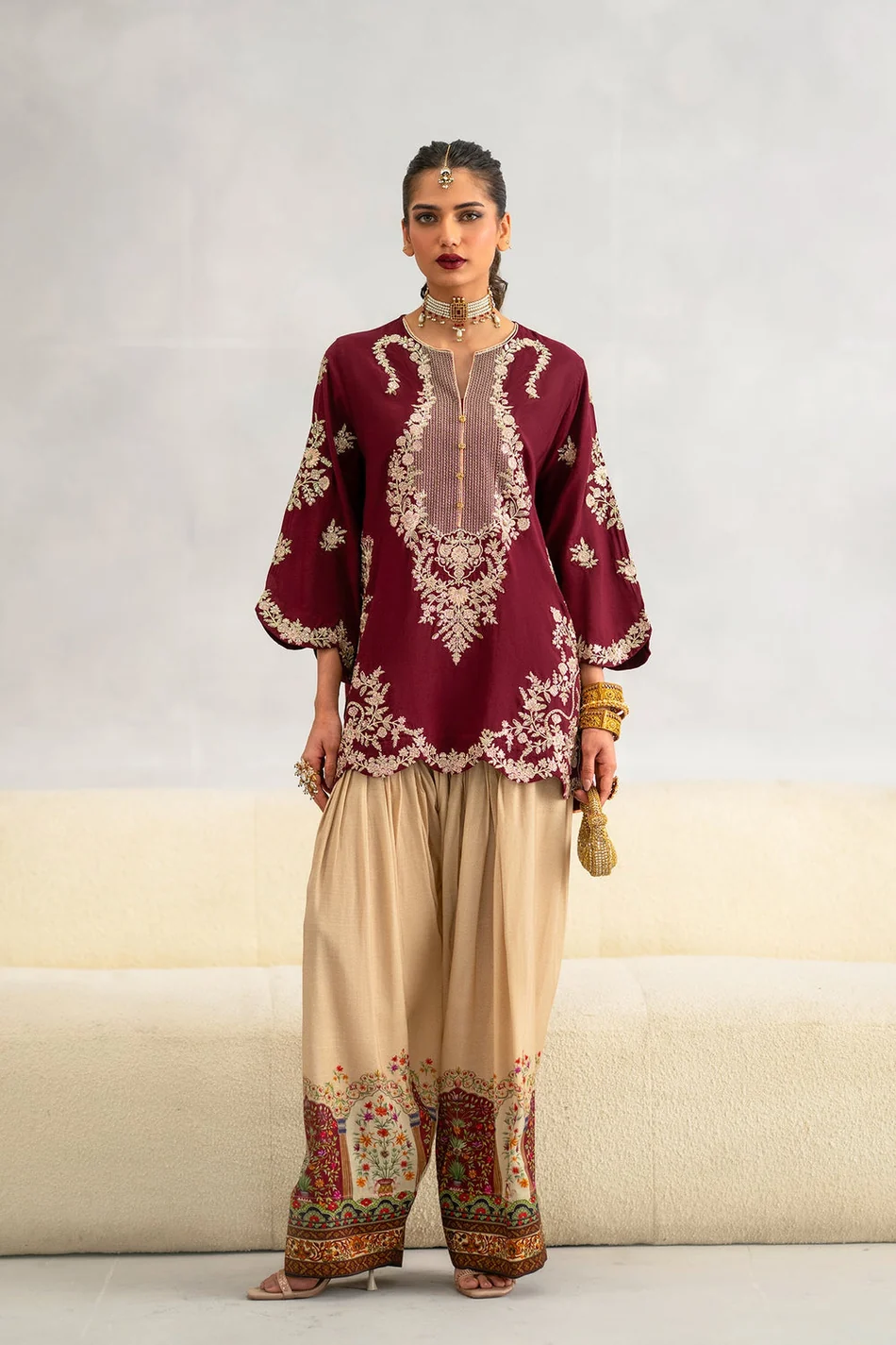 ETHNC-2PC-RAW SILK EMBROIDERED SHIRT AND SHAMOZ SILK PRINTED TROUSER