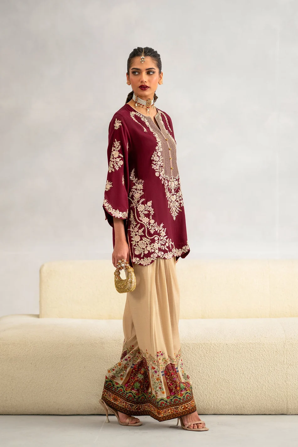 ETHNC-2PC-RAW SILK EMBROIDERED SHIRT AND SHAMOZ SILK PRINTED TROUSER