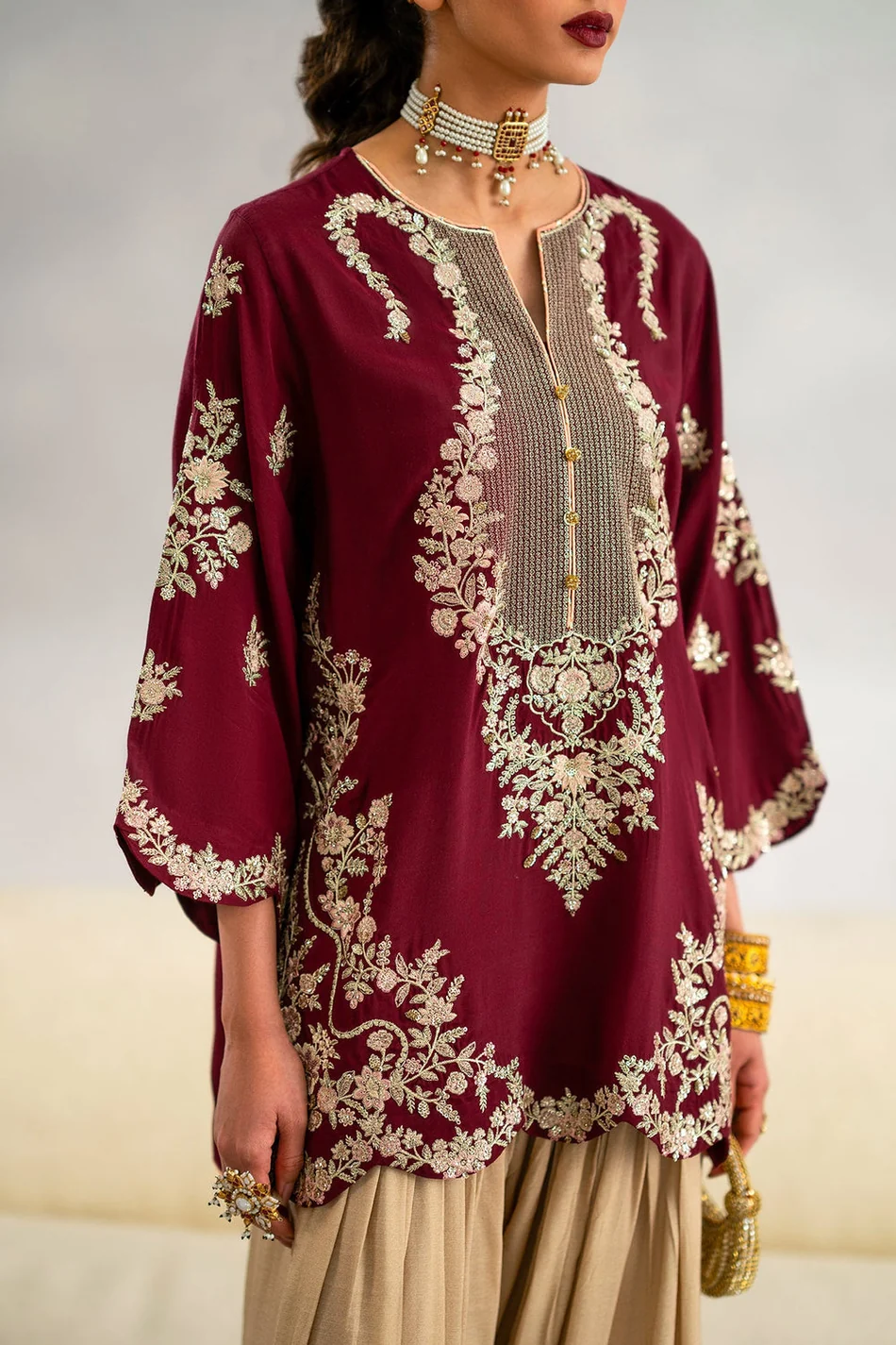 ETHNC-2PC-RAW SILK EMBROIDERED SHIRT AND SHAMOZ SILK PRINTED TROUSER