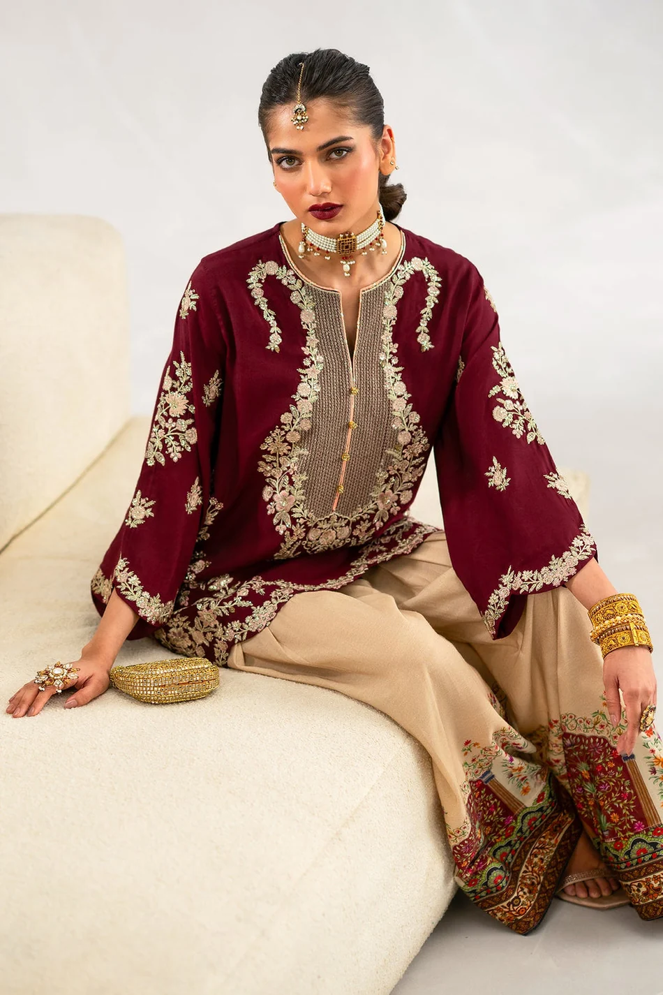 ETHNC-2PC-RAW SILK EMBROIDERED SHIRT AND SHAMOZ SILK PRINTED TROUSER