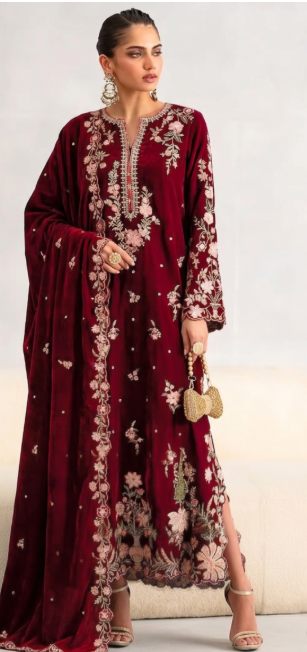 Ethnic Mehroon 3 Piece Shalmoz Velvet Embroidered Suit