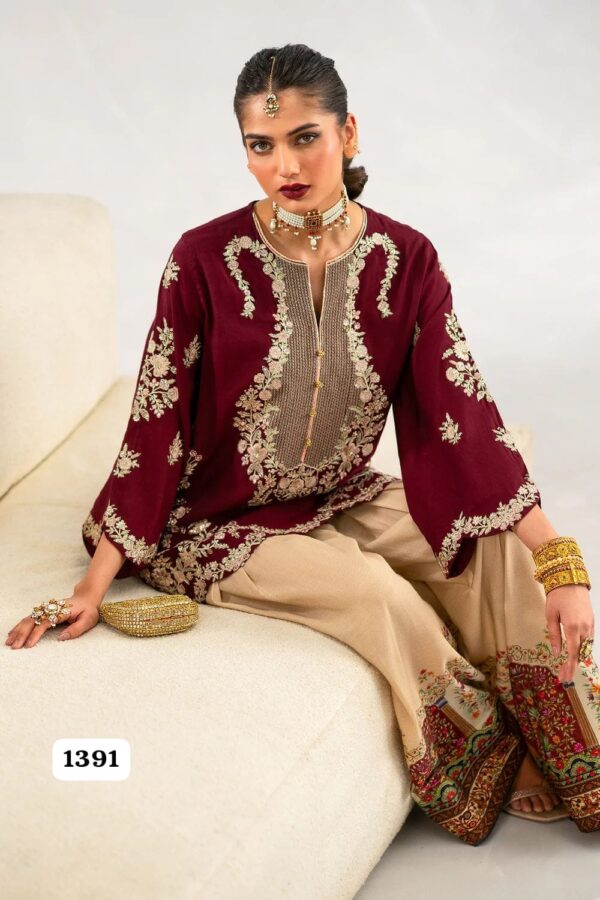 Ethnic Premium Silk Unstitched 2 Piece Embroidered Suit with Digital Print Silk Trouser – Maroon