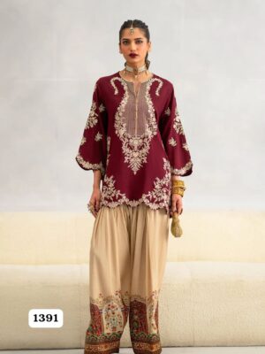 Ethnic Premium Silk Unstitched 2 Piece Embroidered Suit with Digital Print Silk Trouser – Maroon