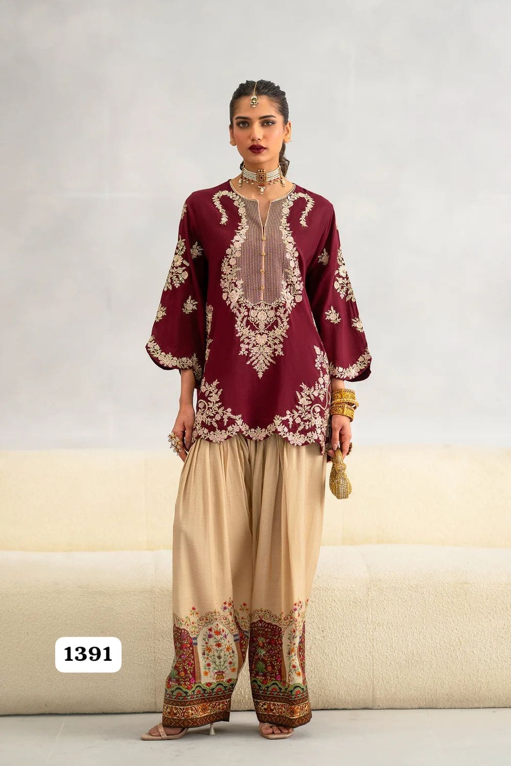Ethnic Premium Silk Unstitched 2 Piece Embroidered Suit with Digital Print Silk Trouser – Maroon