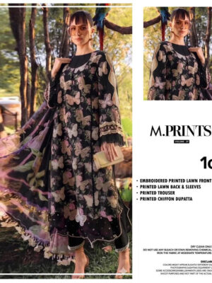 Maria b M Print MBT-1-G Butterfly Black Premium Pure Lawn With Chiffon Emb Border Duppata