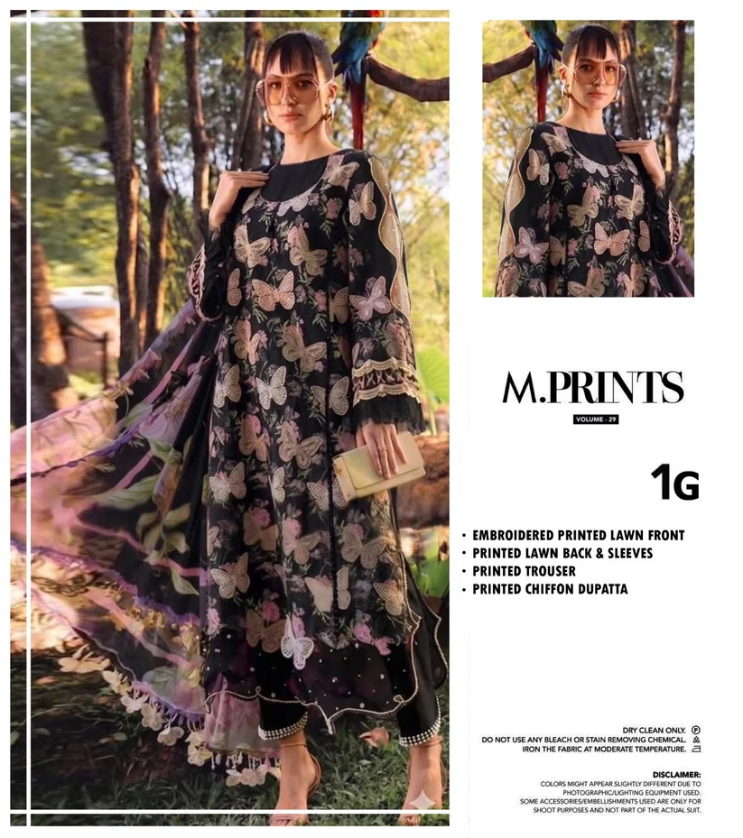 Maria b M Print MBT-1-G Butterfly Black Premium Pure Lawn With Chiffon Emb Border Duppata